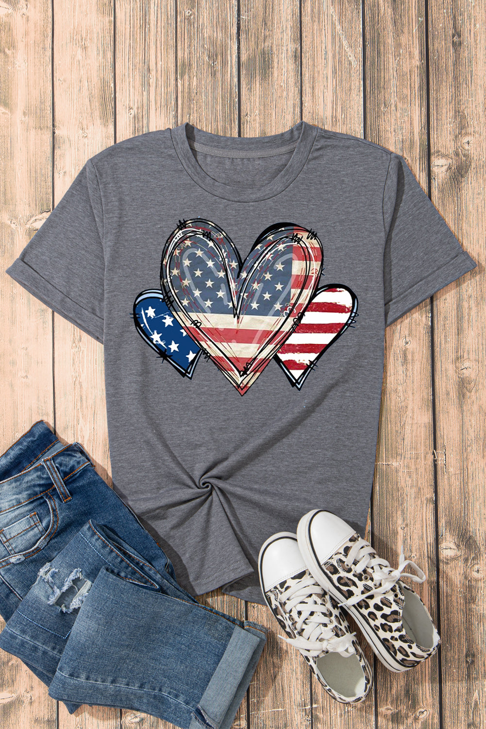 White USA Heart Print Round Neck Short Sleeve T Shirt