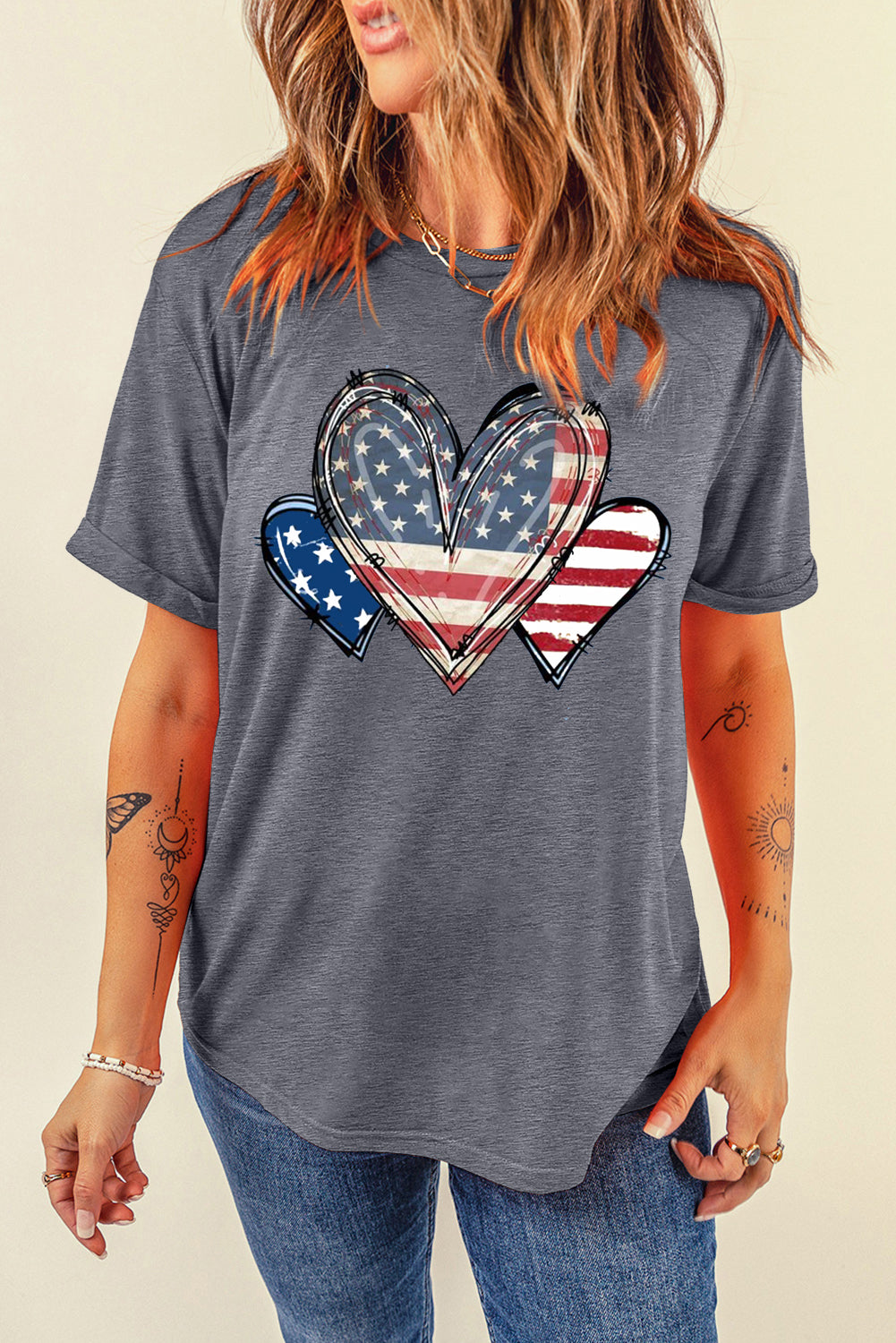 White USA Heart Print Round Neck Short Sleeve T Shirt