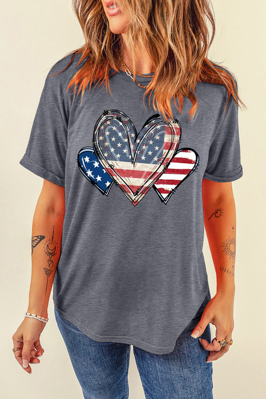 White USA Heart Print Round Neck Short Sleeve T Shirt