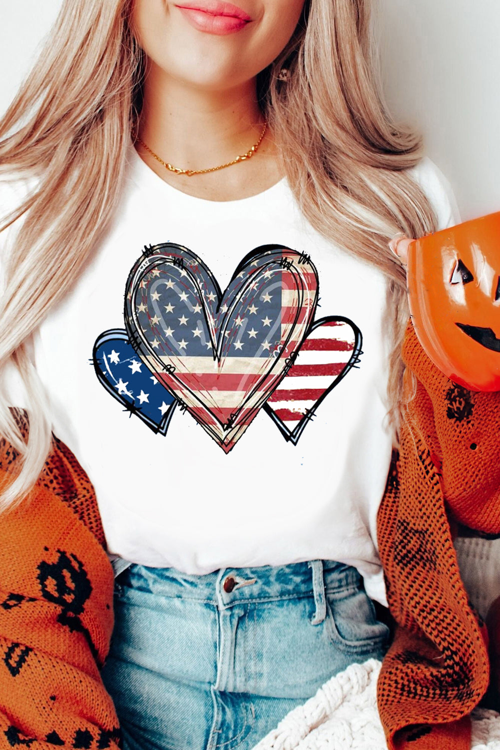 White USA Heart Print Round Neck Short Sleeve T Shirt