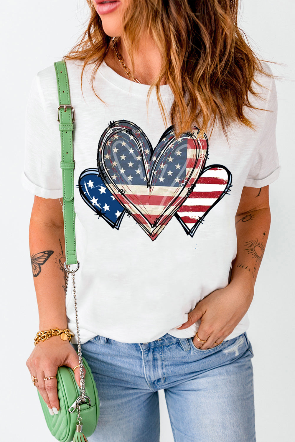 White USA Heart Print Round Neck Short Sleeve T Shirt
