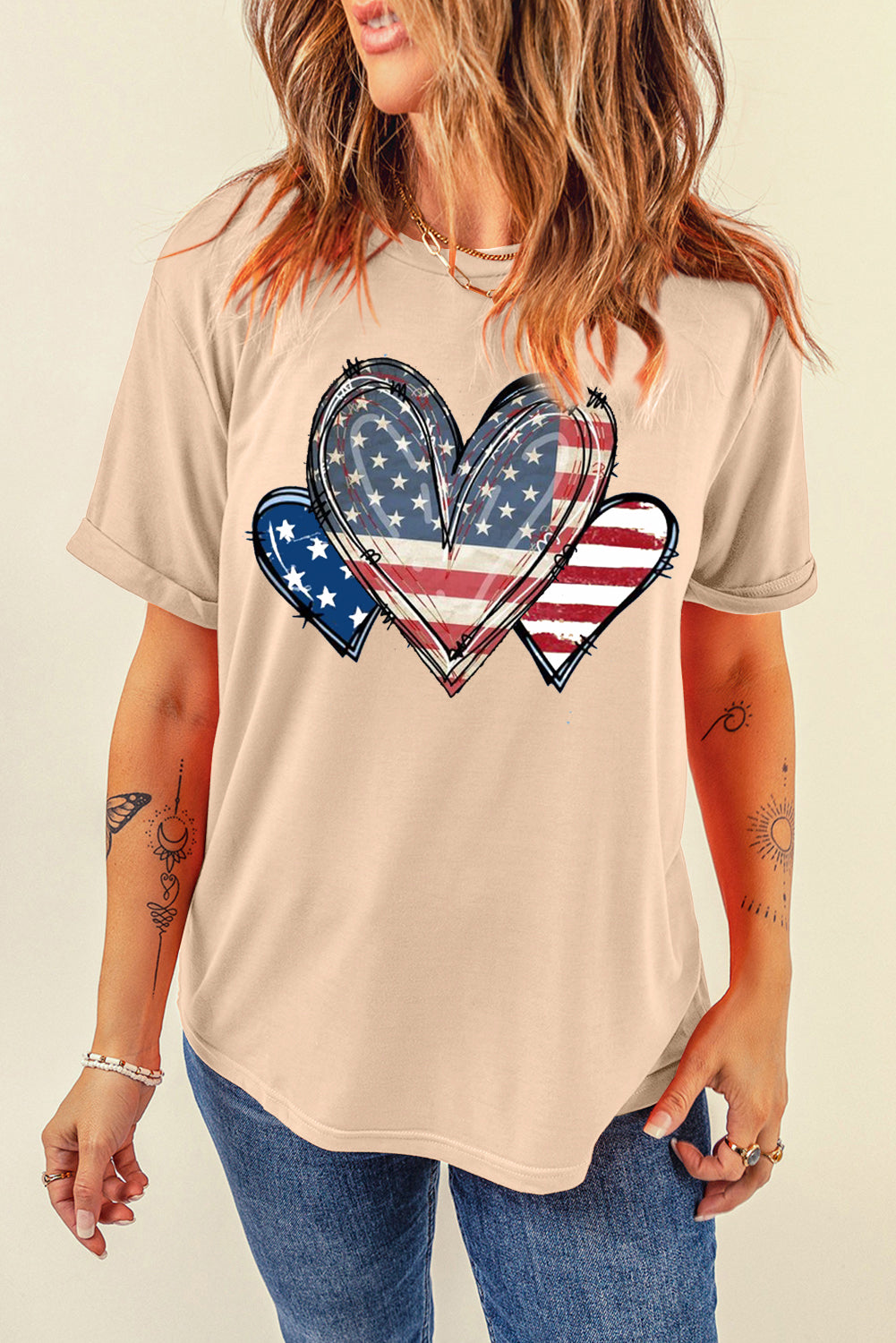 White USA Heart Print Round Neck Short Sleeve T Shirt