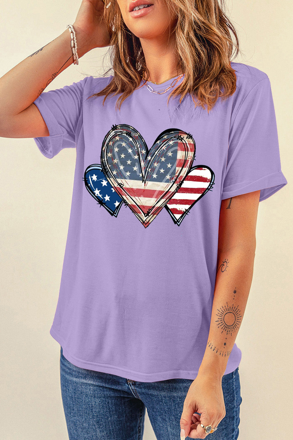 White USA Heart Print Round Neck Short Sleeve T Shirt