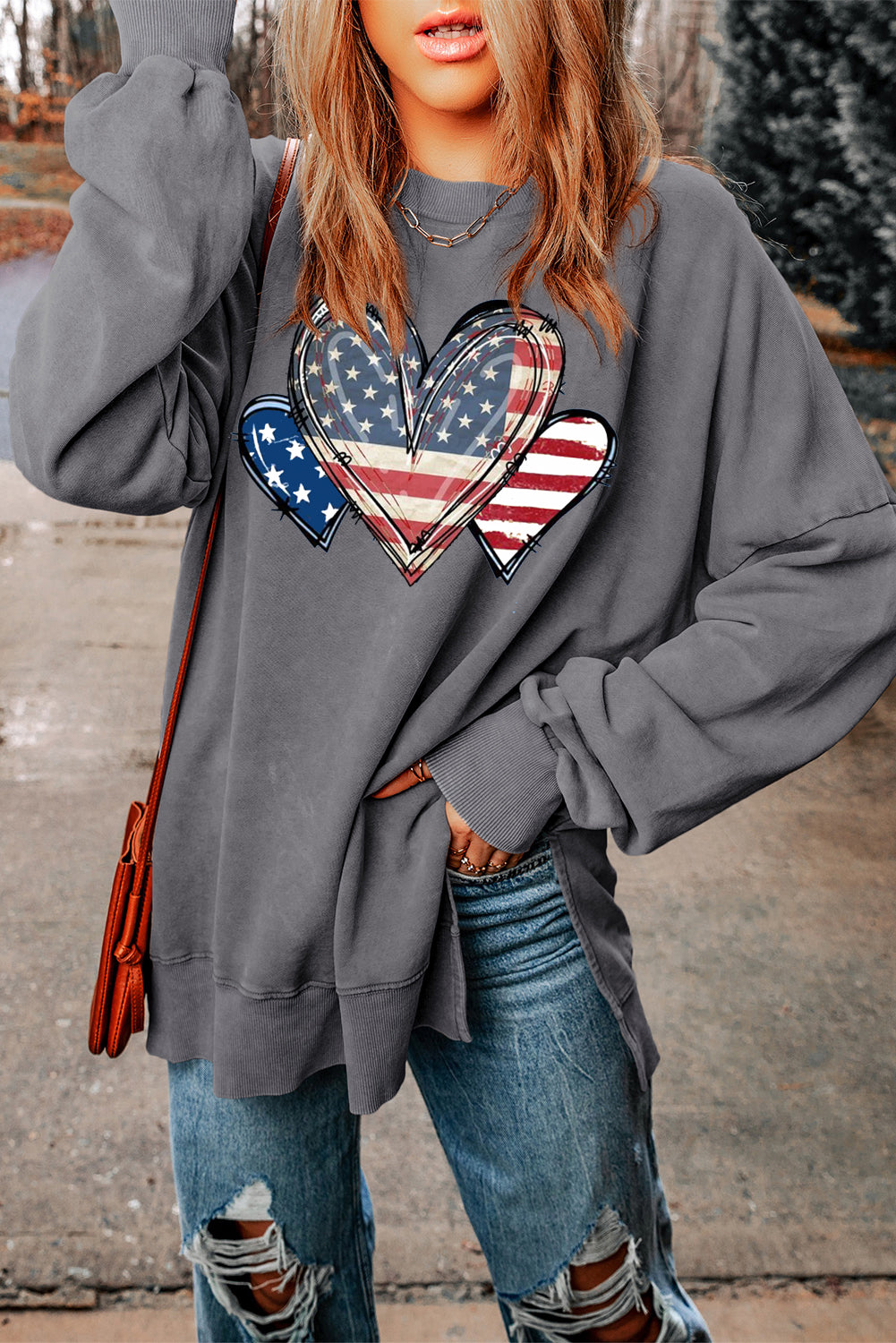 Drop Shoulder Casual Heart Print Long Sleeve Sweatshirt