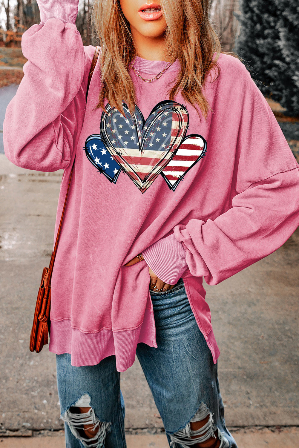 Drop Shoulder Casual Heart Print Long Sleeve Sweatshirt
