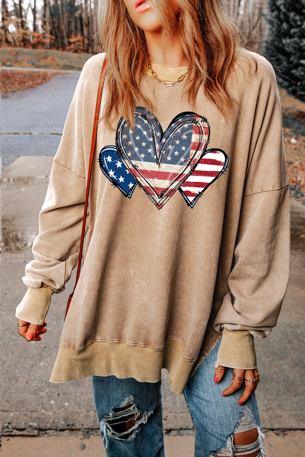 Drop Shoulder Casual Heart Print Long Sleeve Sweatshirt