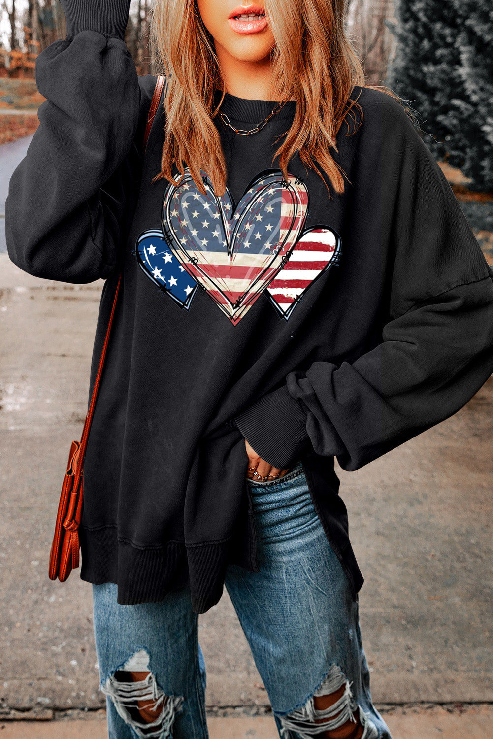 Drop Shoulder Casual Heart Print Long Sleeve Sweatshirt