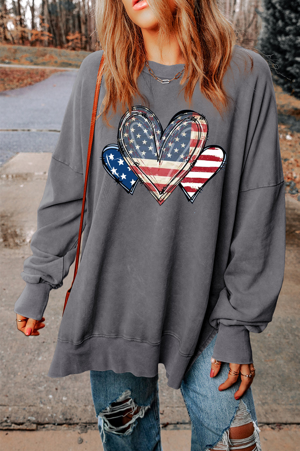 Drop Shoulder Casual Heart Print Long Sleeve Sweatshirt