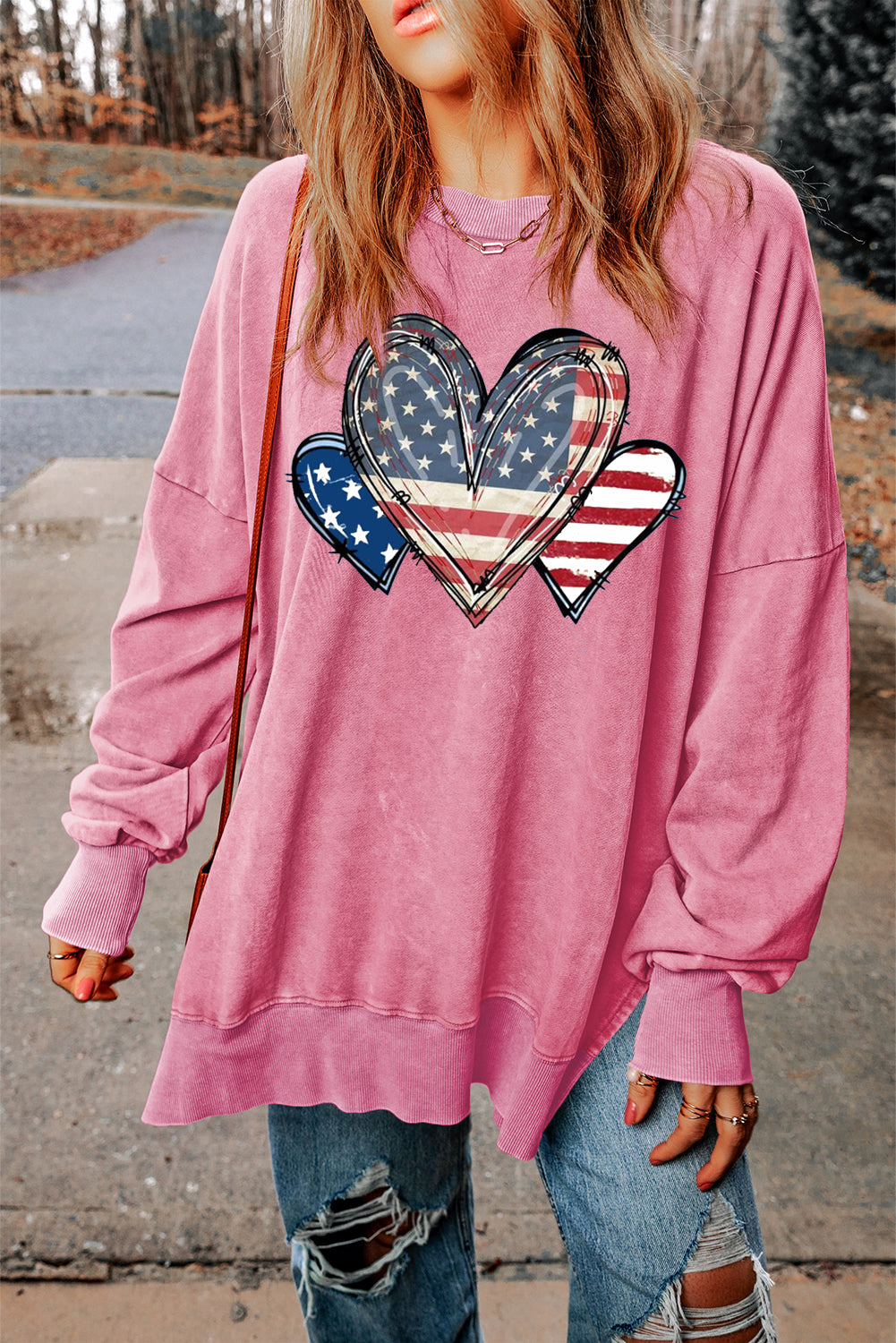 Drop Shoulder Casual Heart Print Long Sleeve Sweatshirt