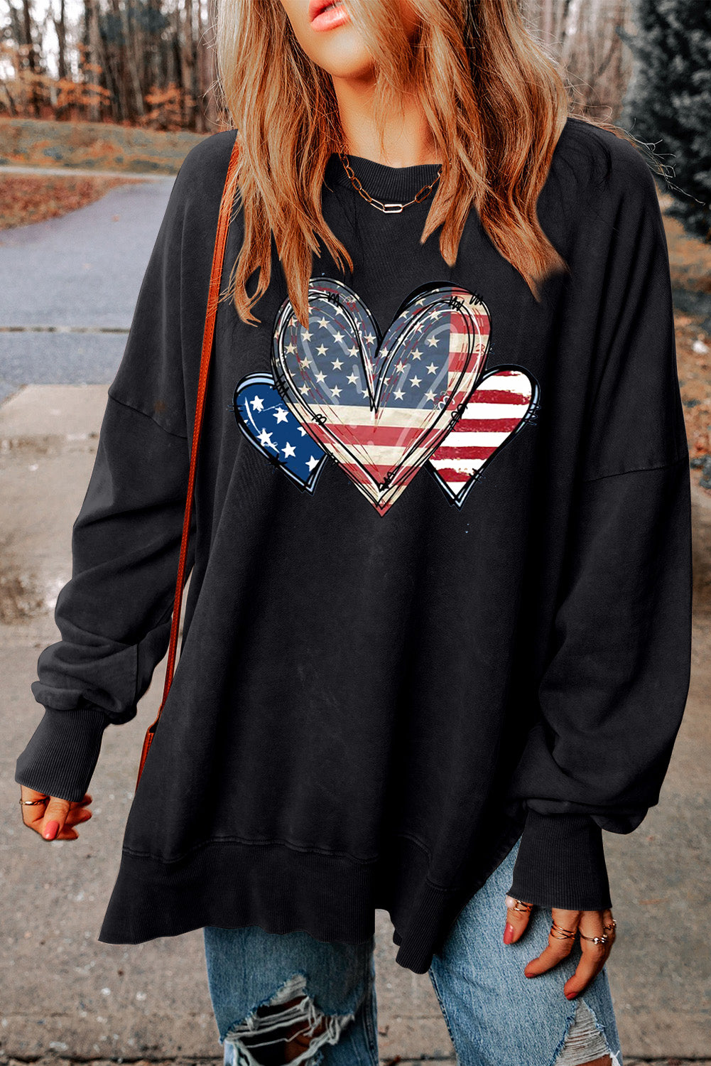 Drop Shoulder Casual Heart Print Long Sleeve Sweatshirt