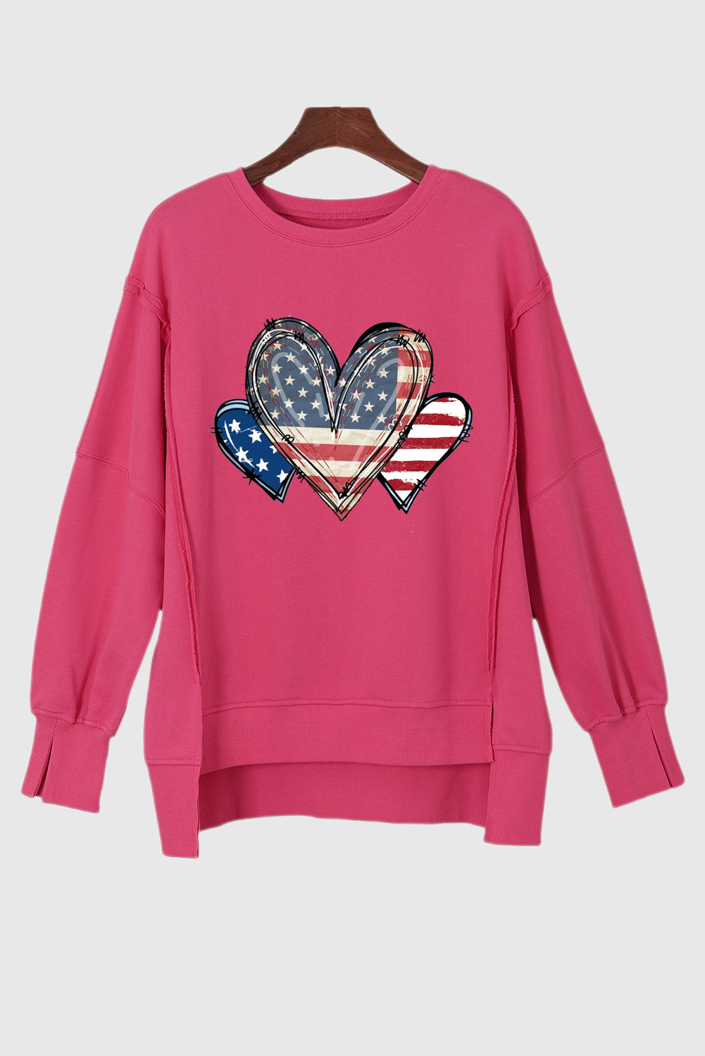 Rose Raw Hem USA Heart Sweatshirt with Side Slit