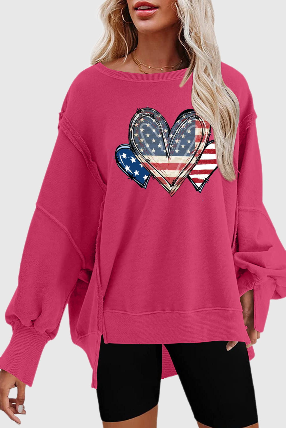 Rose Raw Hem USA Heart Sweatshirt with Side Slit