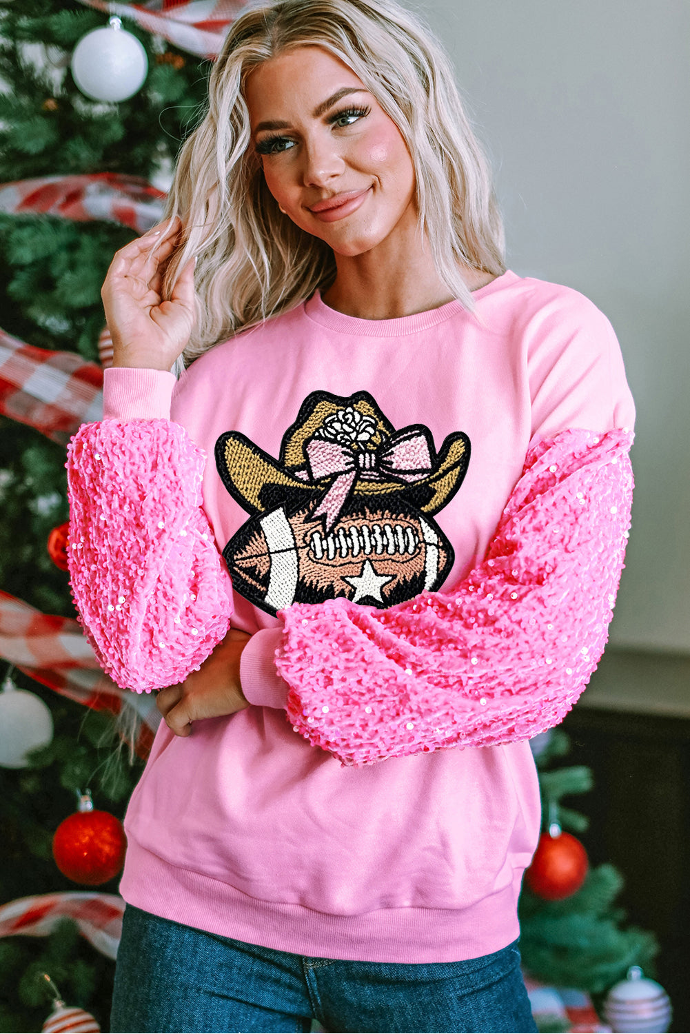 Pink Game Day Sequin Sleeve Pullover with Graphic Patch