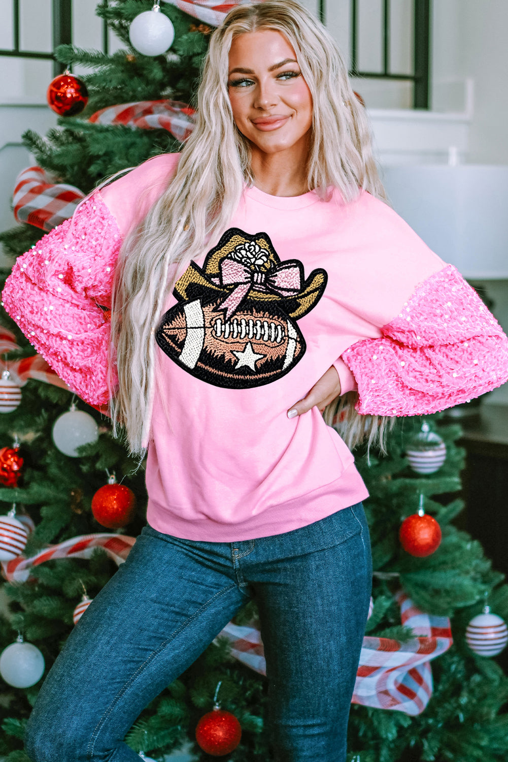 Pink Game Day Sequin Sleeve Pullover with Graphic Patch