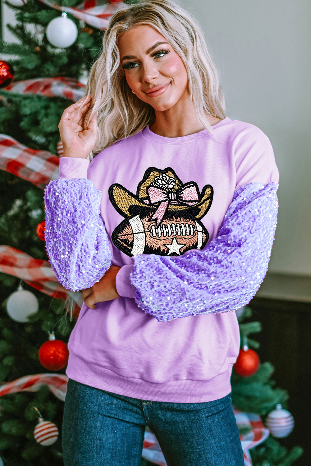 Pink Game Day Sequin Sleeve Pullover with Graphic Patch