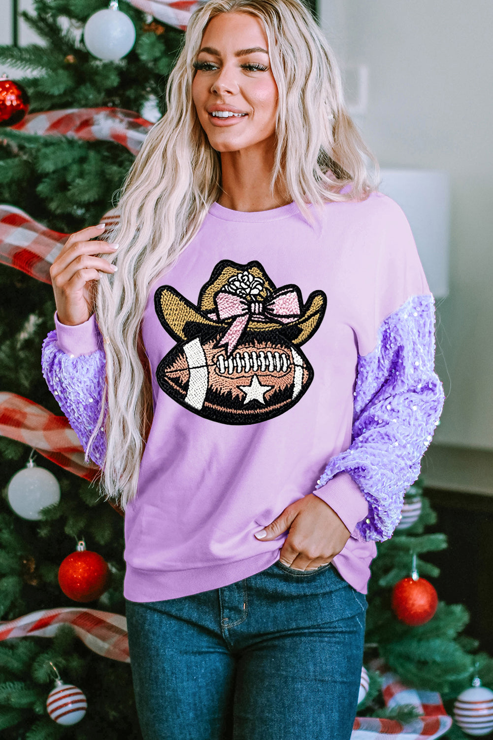Pink Game Day Sequin Sleeve Pullover with Graphic Patch