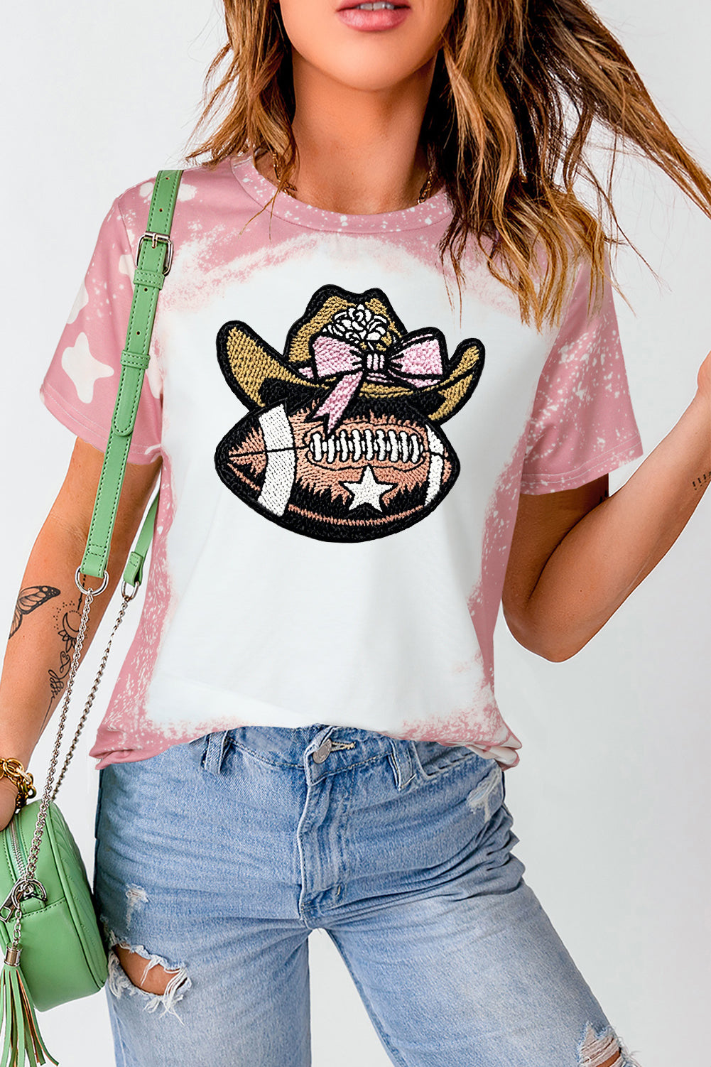 Pink Tie Dye Cowgirl Hat Football Bleached T-Shirt