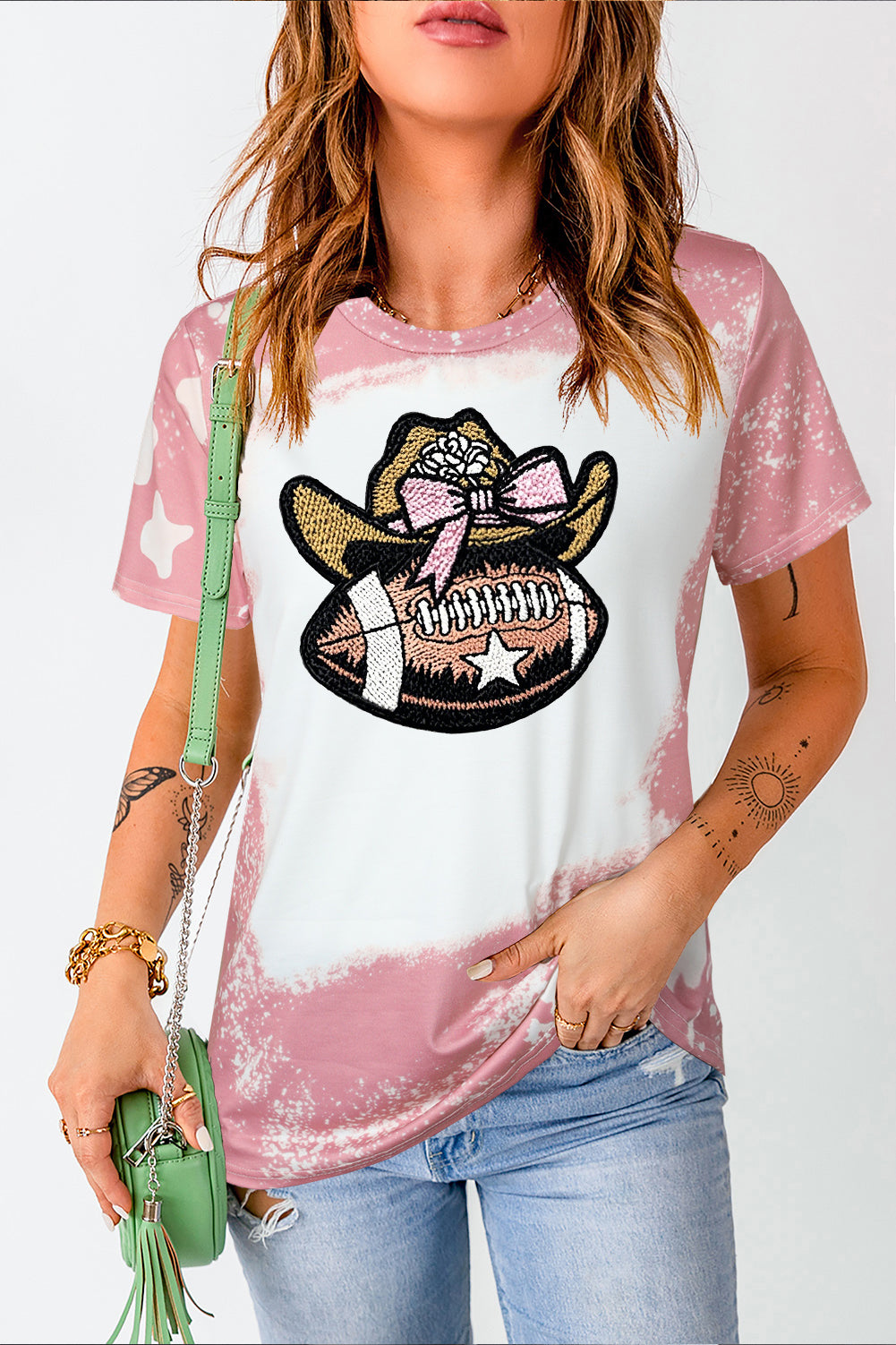 Pink Tie Dye Cowgirl Hat Football Bleached T-Shirt