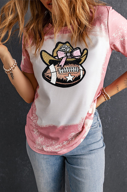 Pink Tie Dye Cowgirl Hat Football Bleached T-Shirt