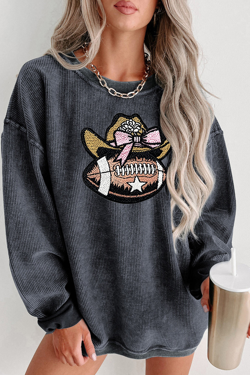 Ribbed Knit Long Sleeve Cowgirl Football Graphic Pullover