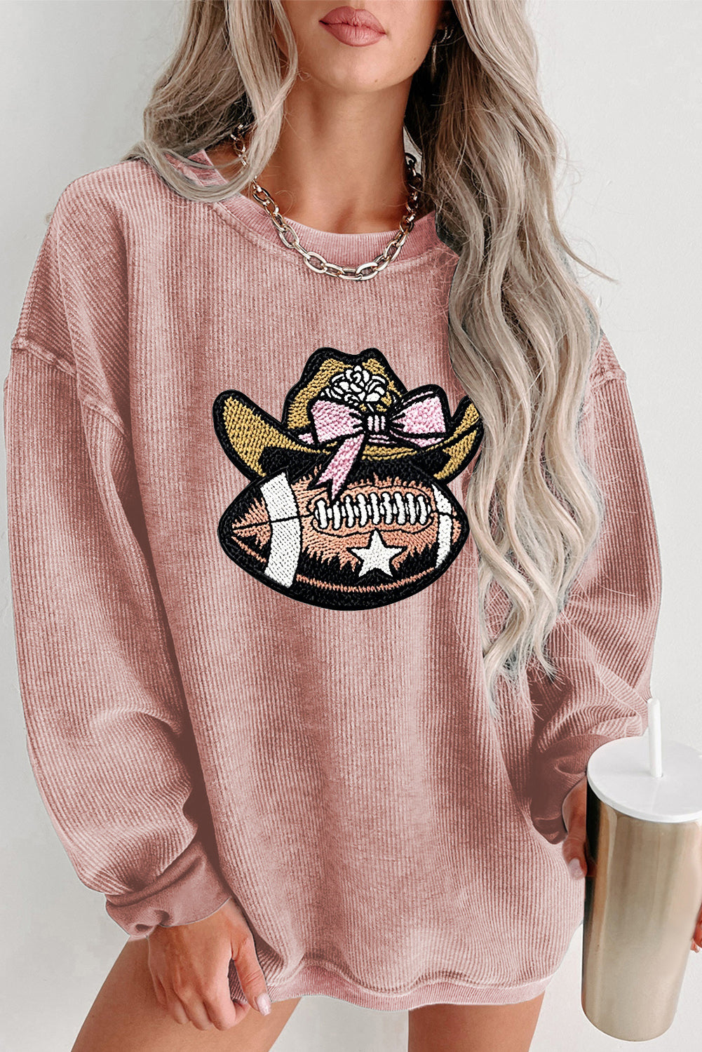 Ribbed Knit Long Sleeve Cowgirl Football Graphic Pullover