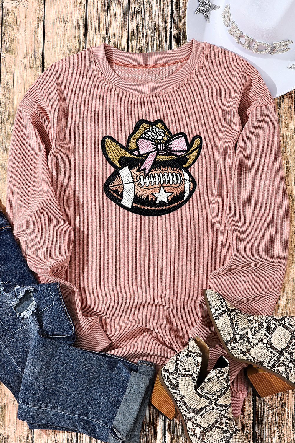Ribbed Knit Long Sleeve Cowgirl Football Graphic Pullover