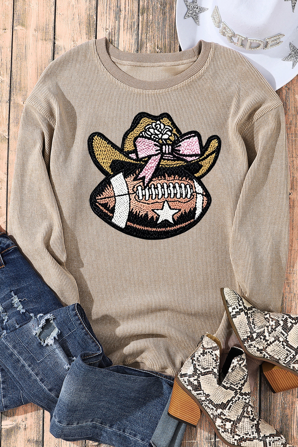 Ribbed Knit Long Sleeve Cowgirl Football Graphic Pullover
