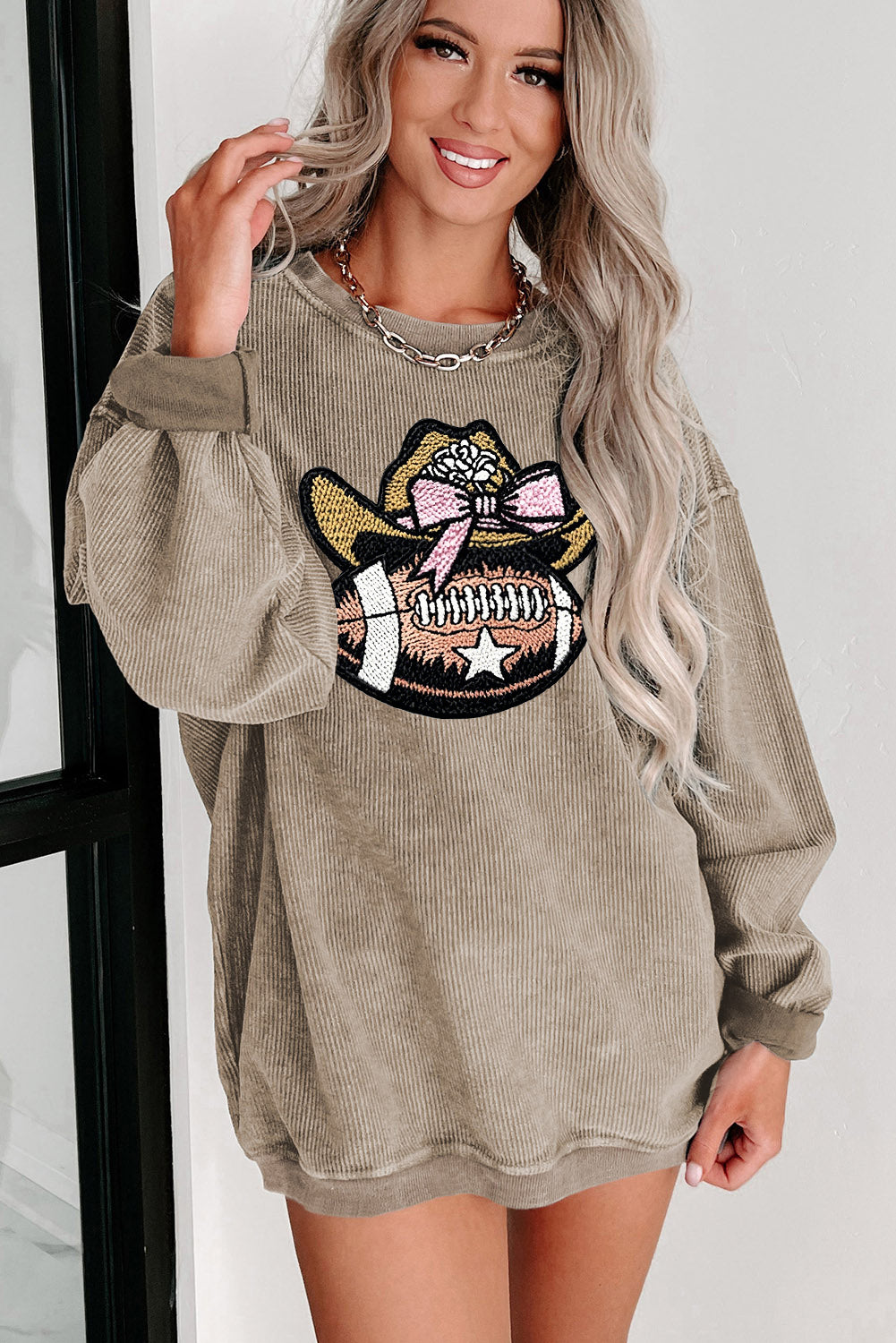 Ribbed Knit Long Sleeve Cowgirl Football Graphic Pullover