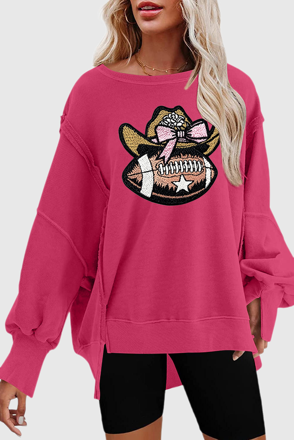 Exposed Seam Cowgirl Football Graphic High Low Hem Sweatshirt