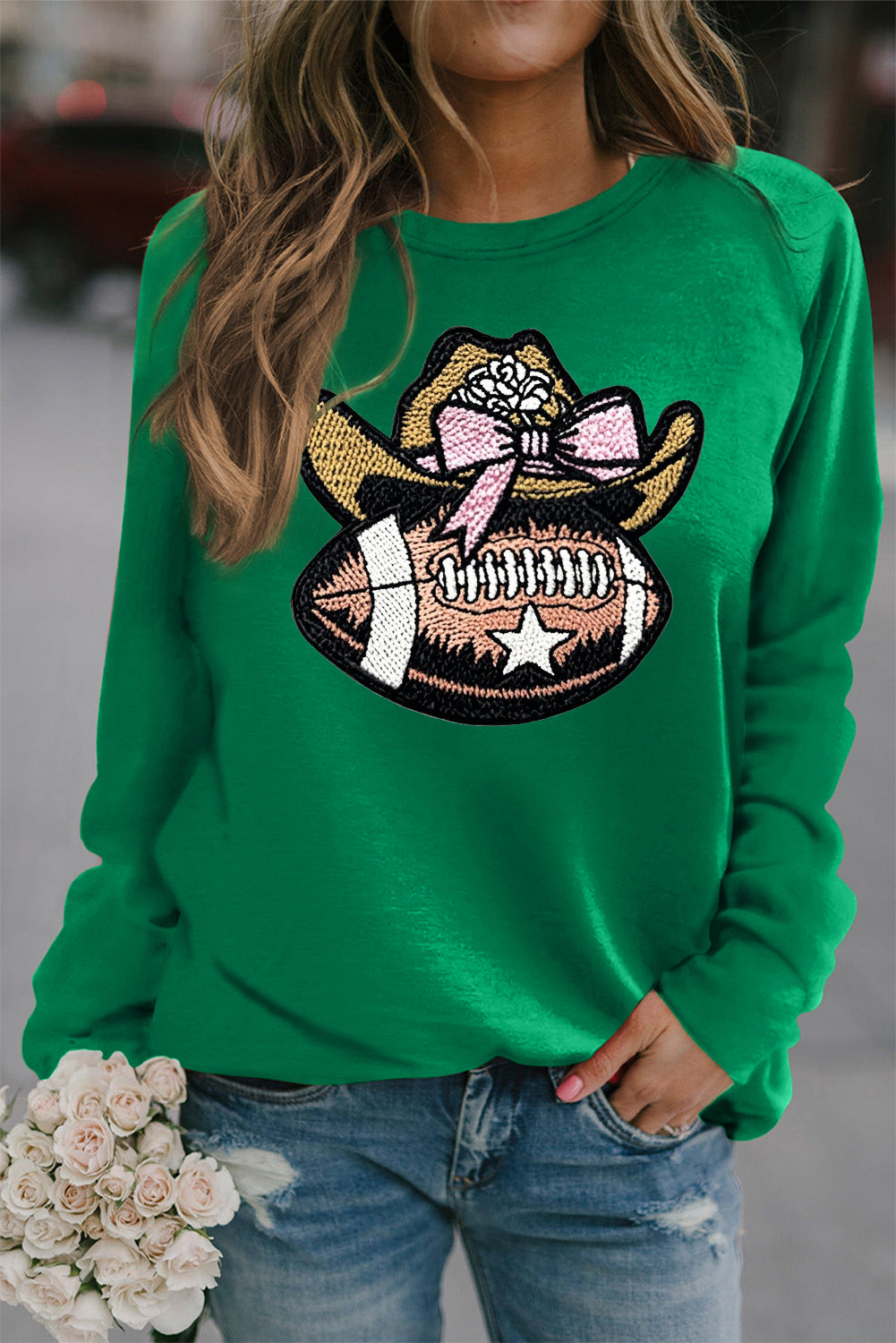 Solid Red Round Neck Football Cowgirl Raglan Sweatshirt