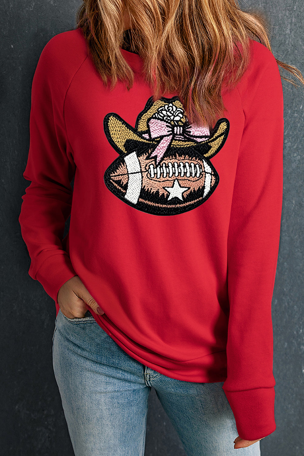 Solid Red Round Neck Football Cowgirl Raglan Sweatshirt