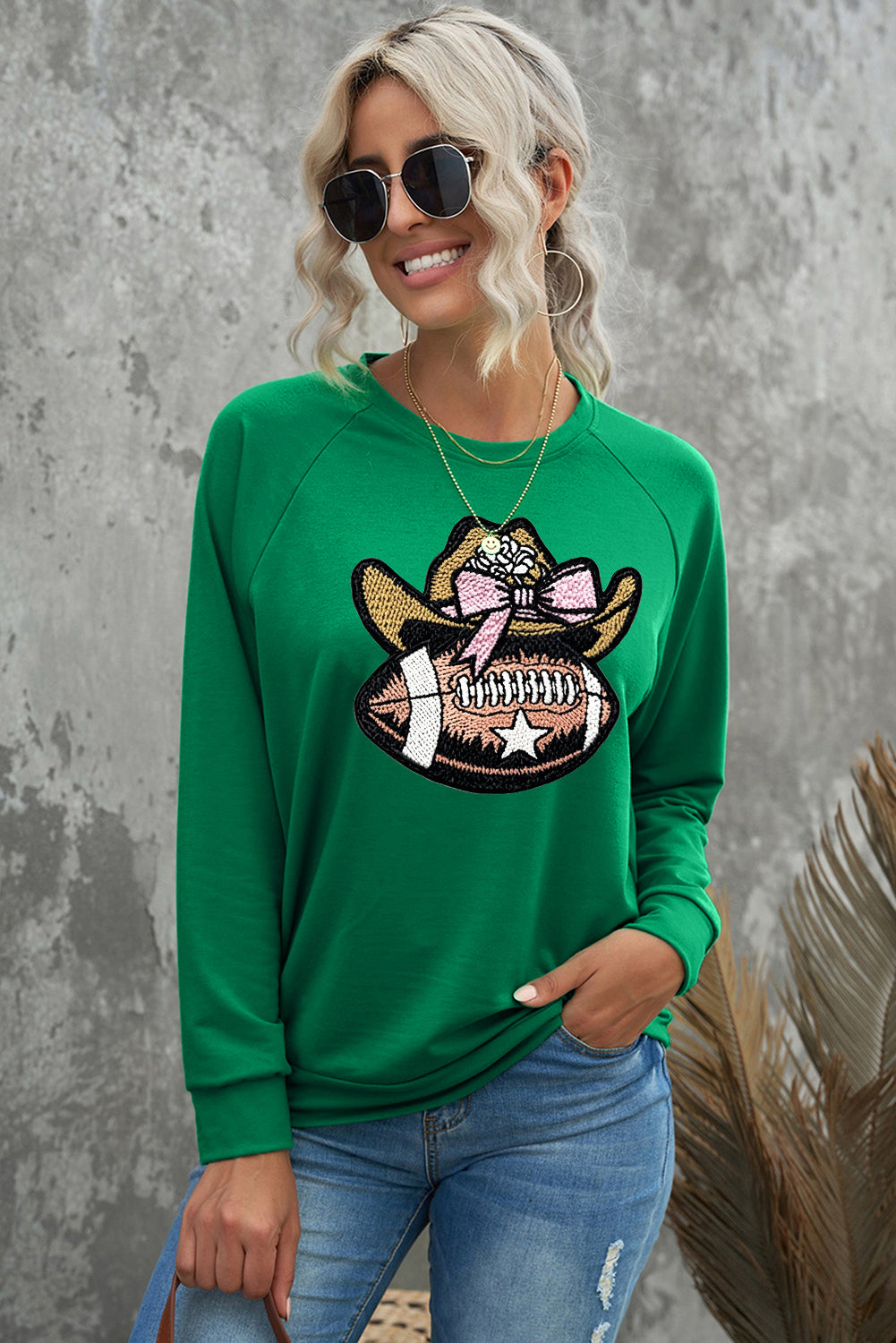 Solid Red Round Neck Football Cowgirl Raglan Sweatshirt