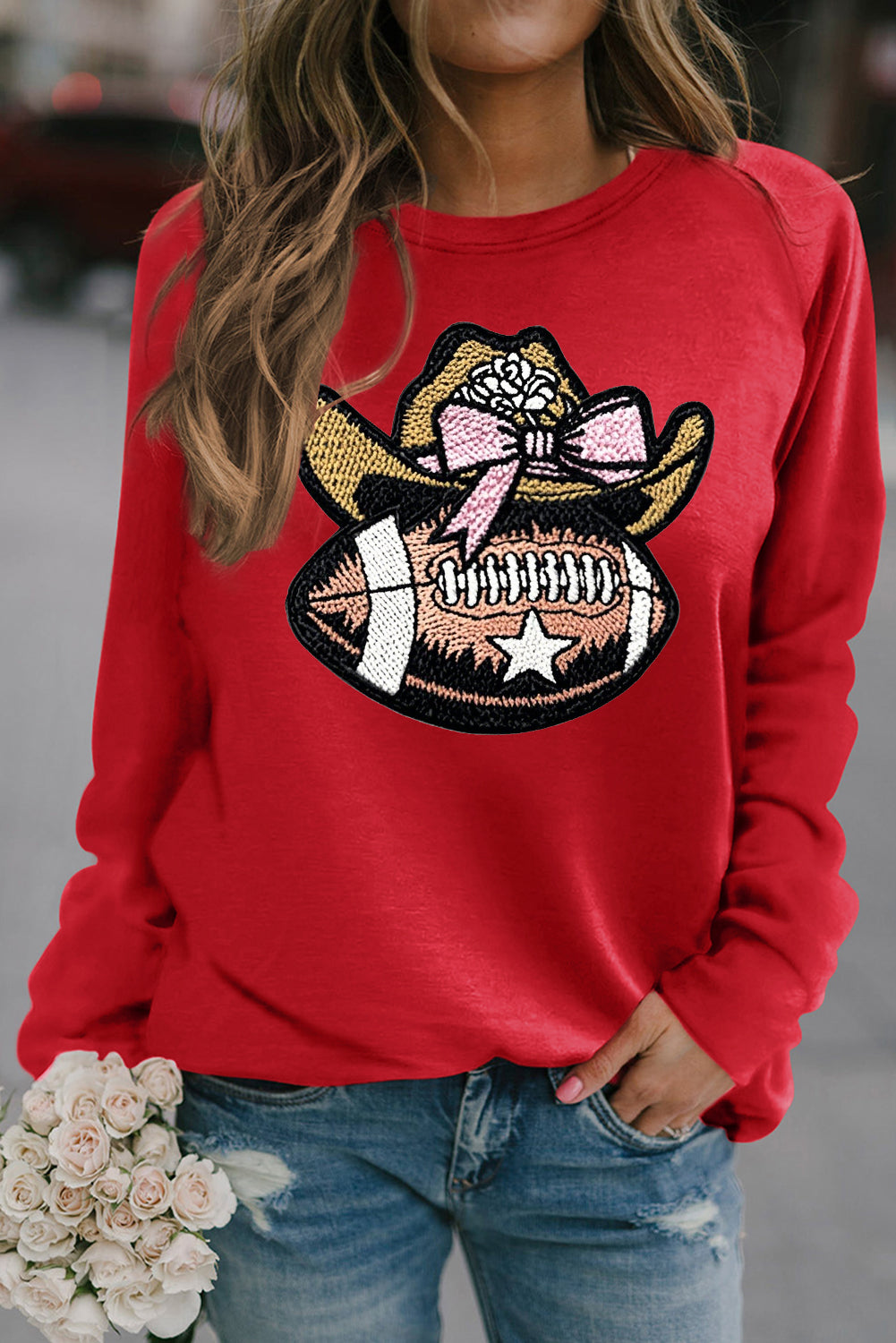 Solid Red Round Neck Football Cowgirl Raglan Sweatshirt