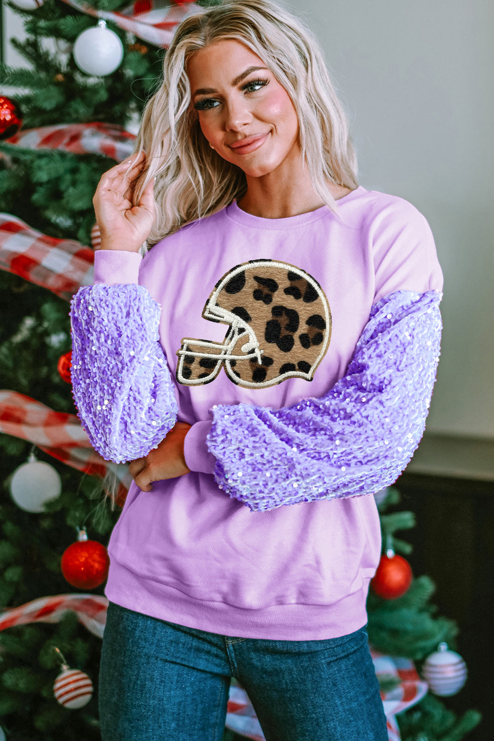 Pink Sequin Sleeve Leopard Helmet Sweatshirt Pullover for Women