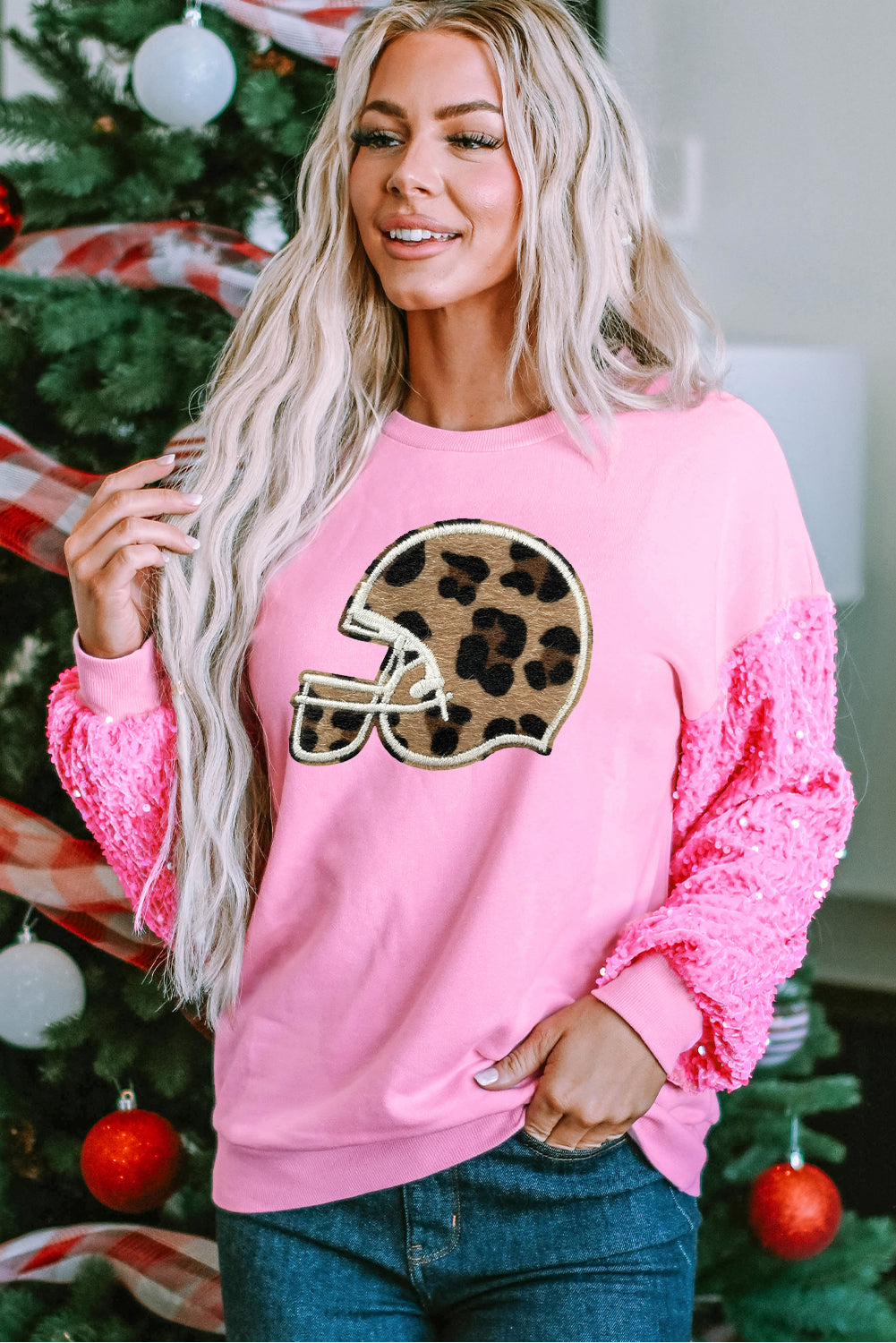 Pink Sequin Sleeve Leopard Helmet Sweatshirt Pullover for Women