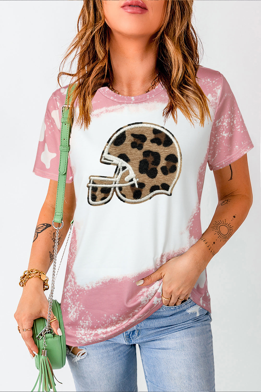 Women’s Bleached Tie Dye Leopard Helmet Print Casual T Shirt