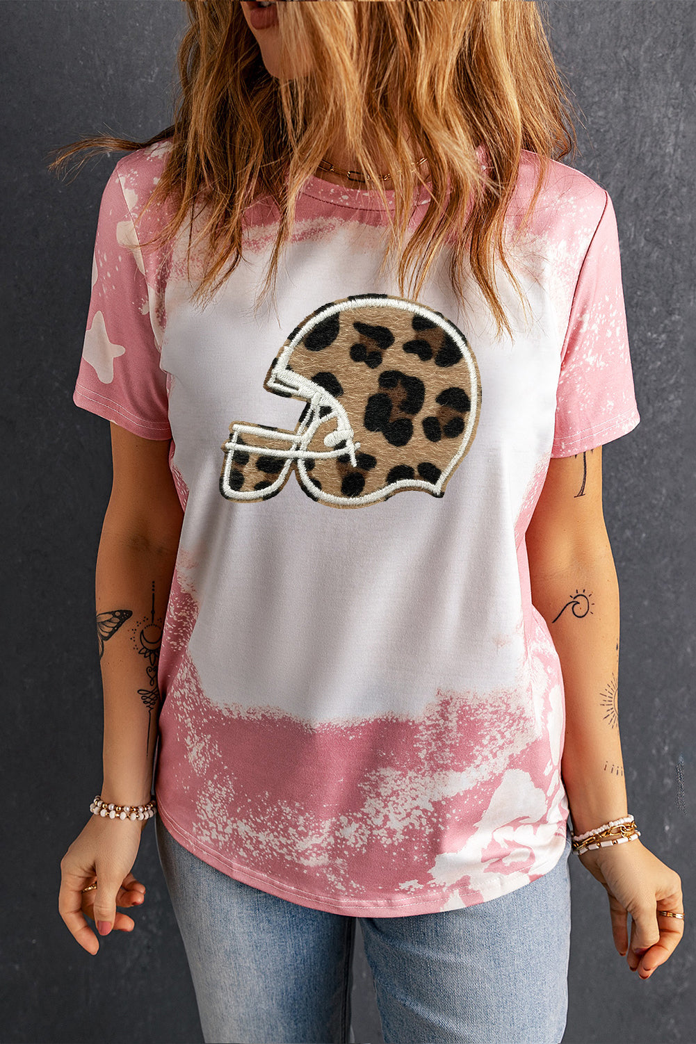 Women’s Bleached Tie Dye Leopard Helmet Print Casual T Shirt