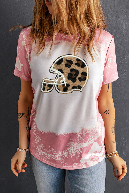 Women’s Bleached Tie Dye Leopard Helmet Print Casual T Shirt