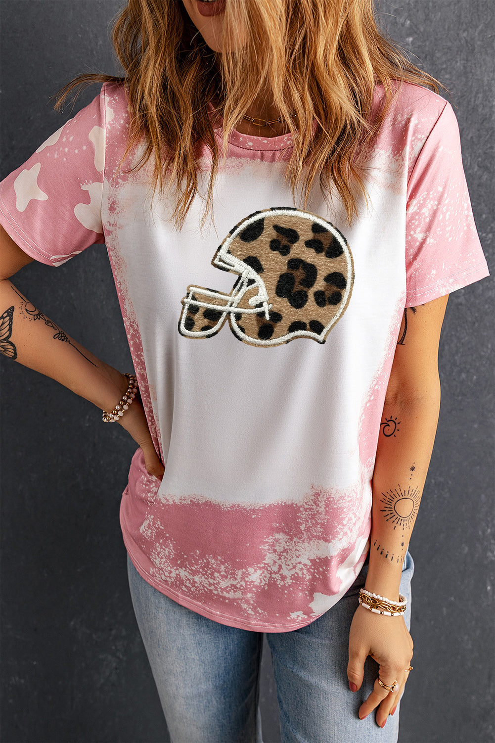 Women’s Bleached Tie Dye Leopard Helmet Print Casual T Shirt