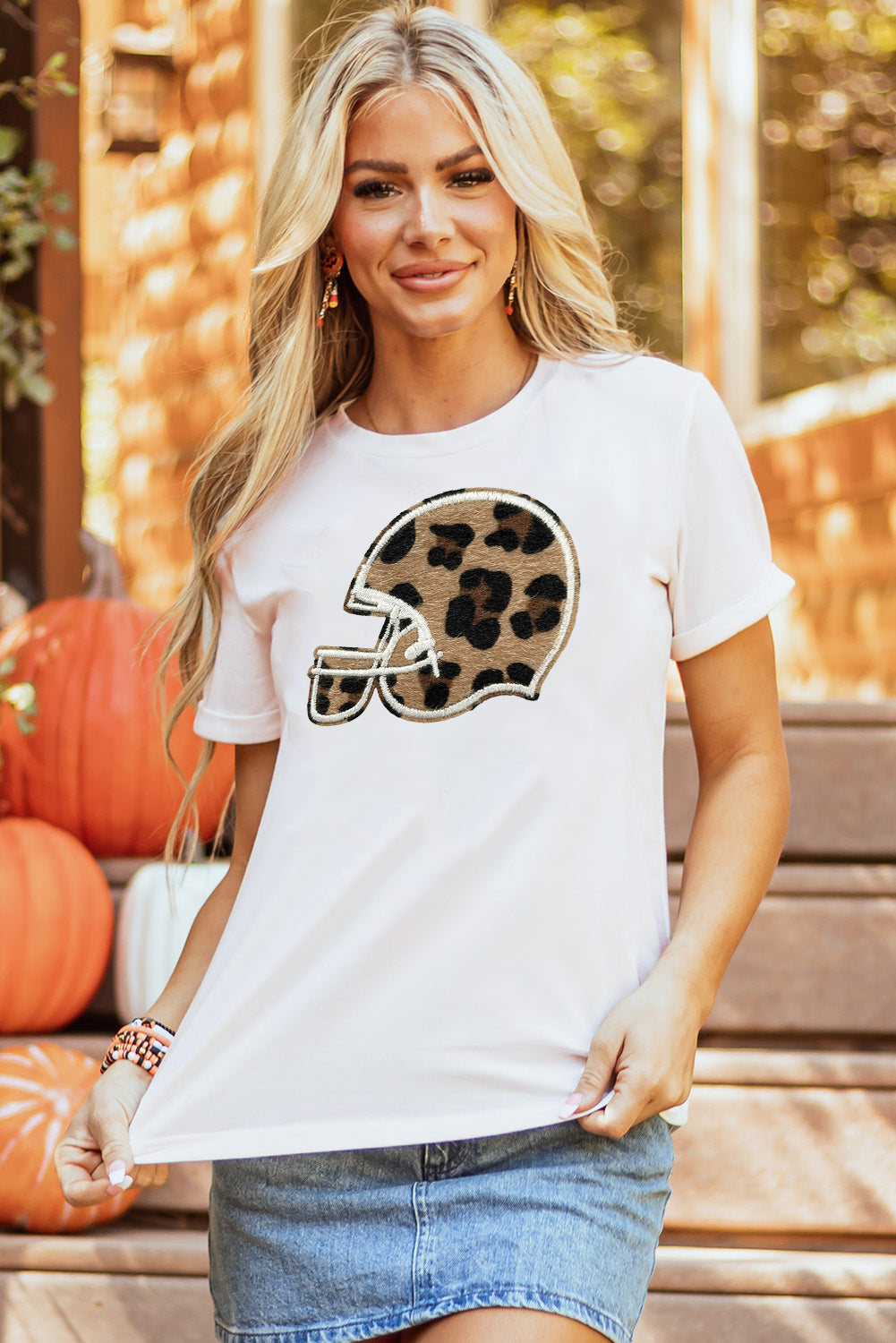 Classic Leopard Baseball Helmet Tee Casual Crew Neck Top