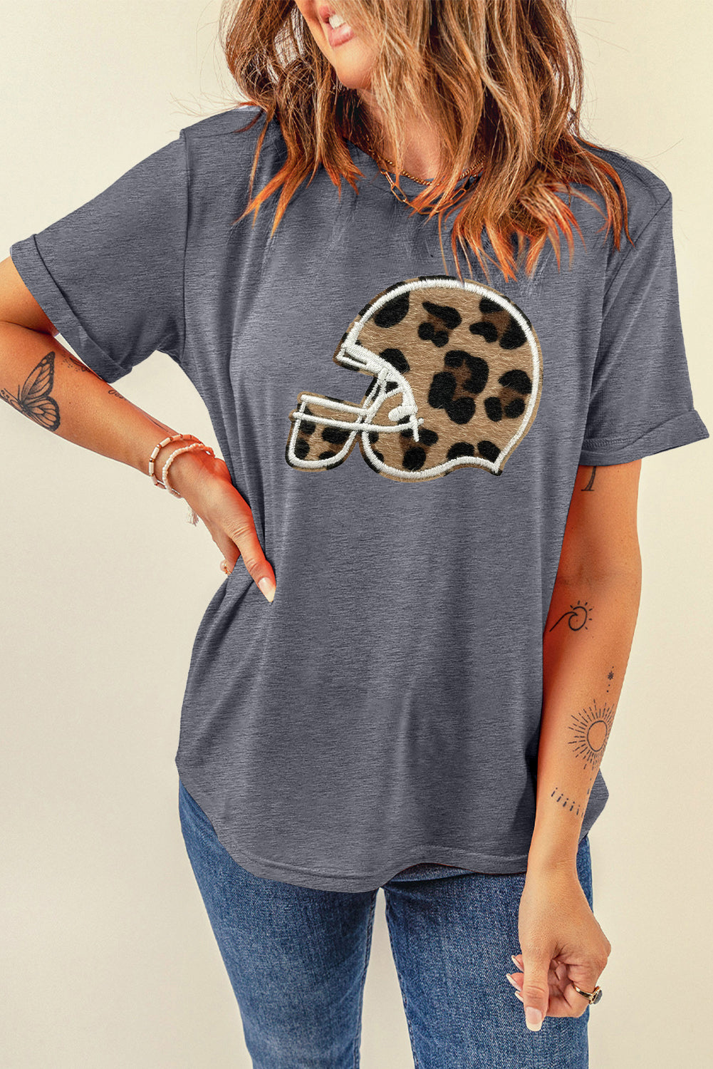 Classic Leopard Baseball Helmet Tee Casual Crew Neck Top