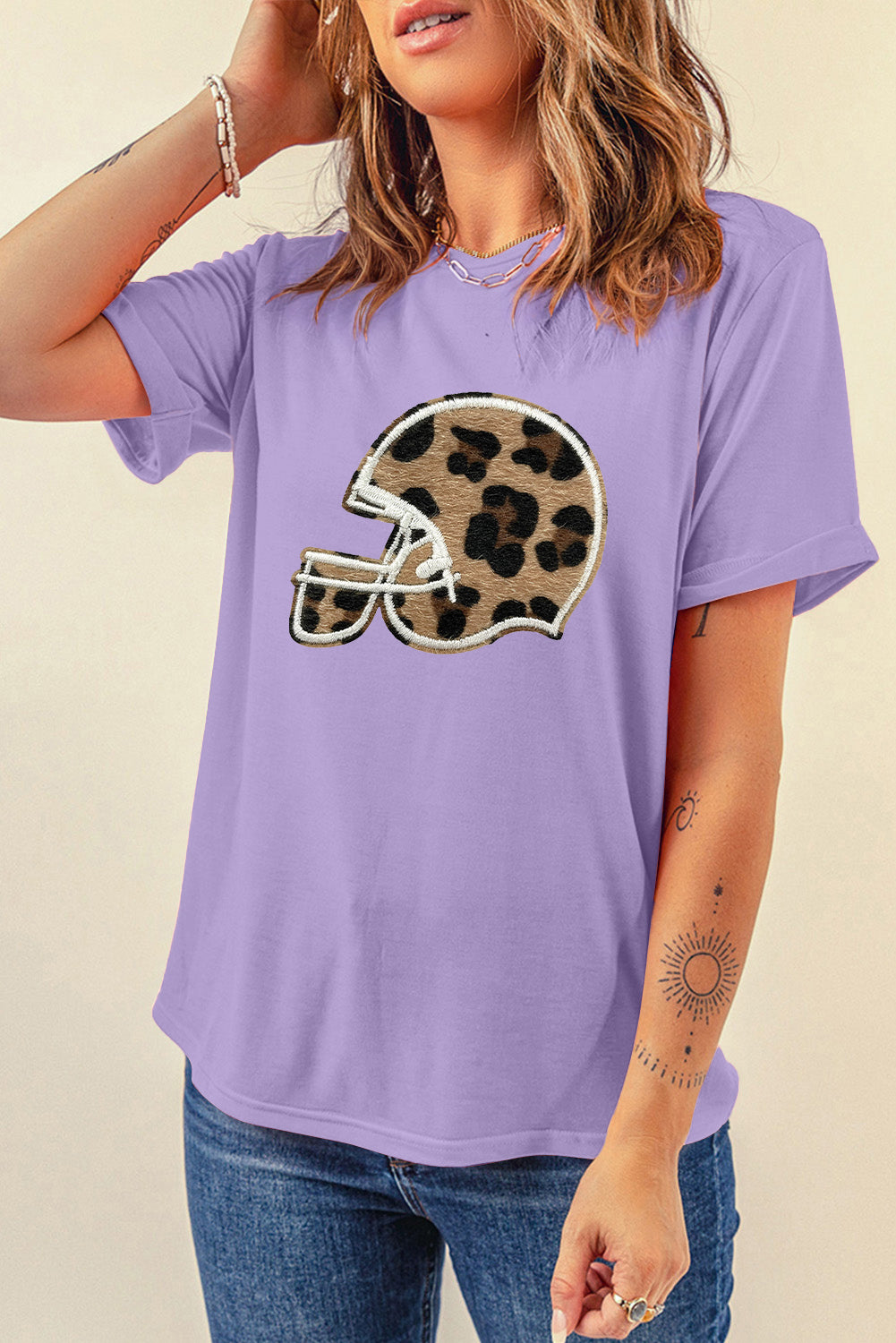 Classic Leopard Baseball Helmet Tee Casual Crew Neck Top