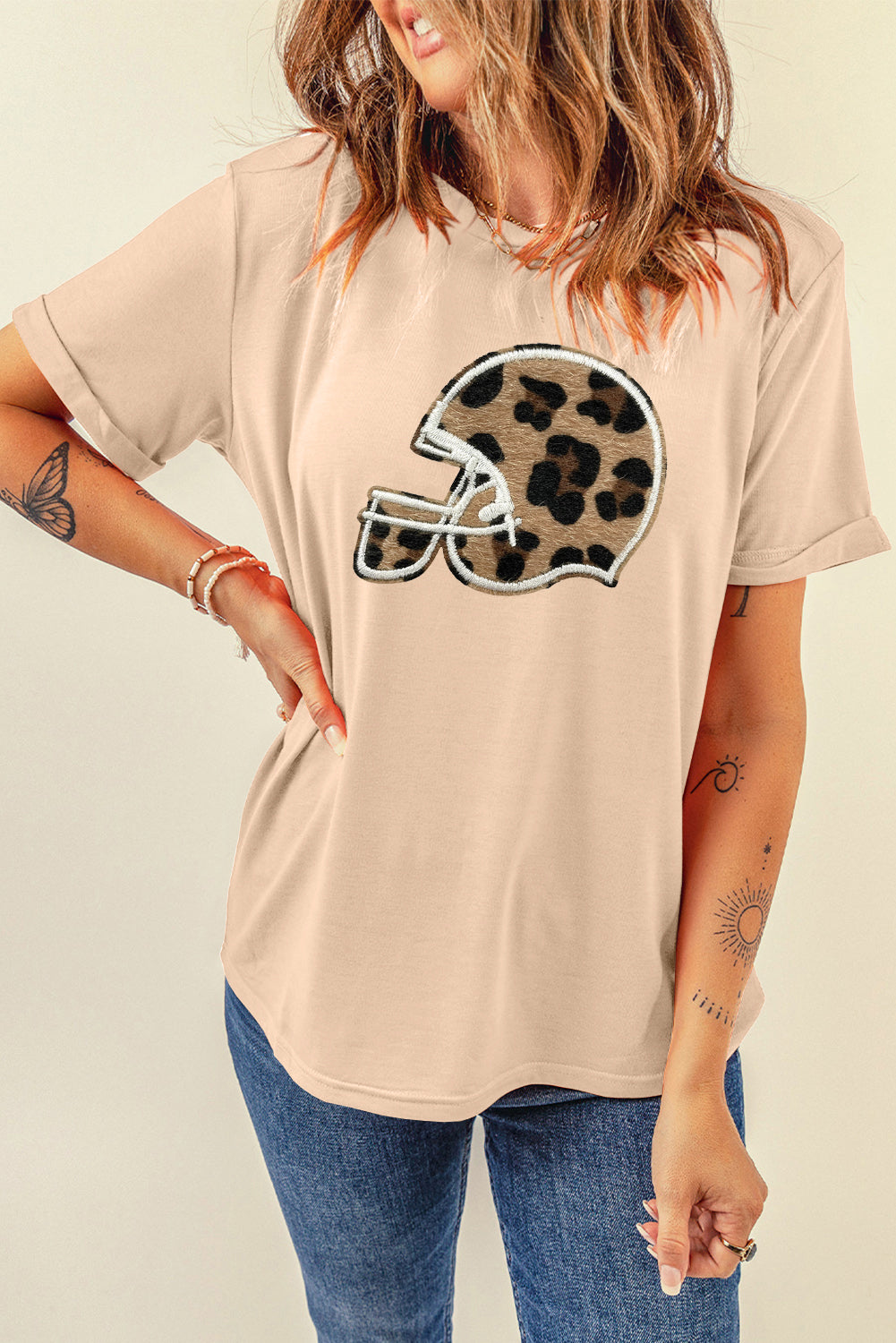 Classic Leopard Baseball Helmet Tee Casual Crew Neck Top