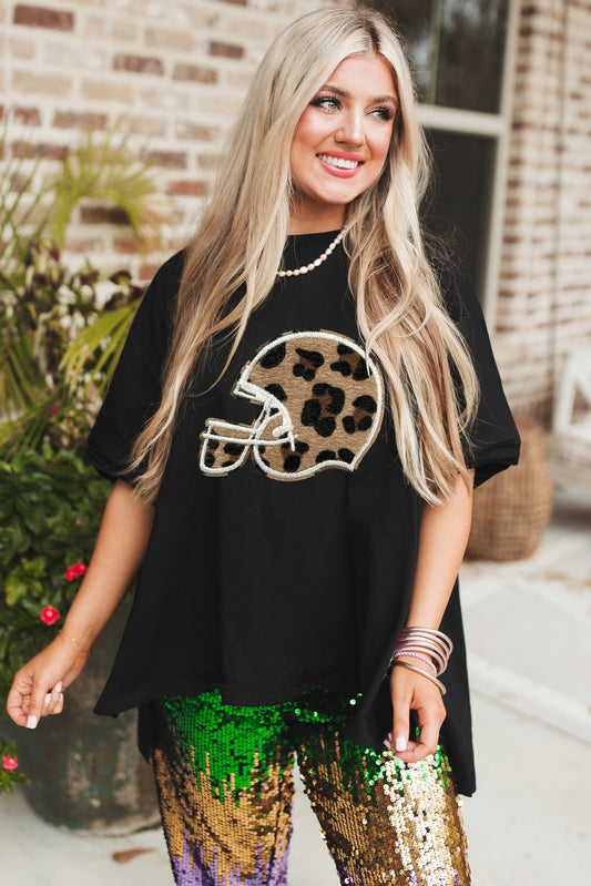 Black Leopard Baseball Helmet Hi-Low Hem Shift Top