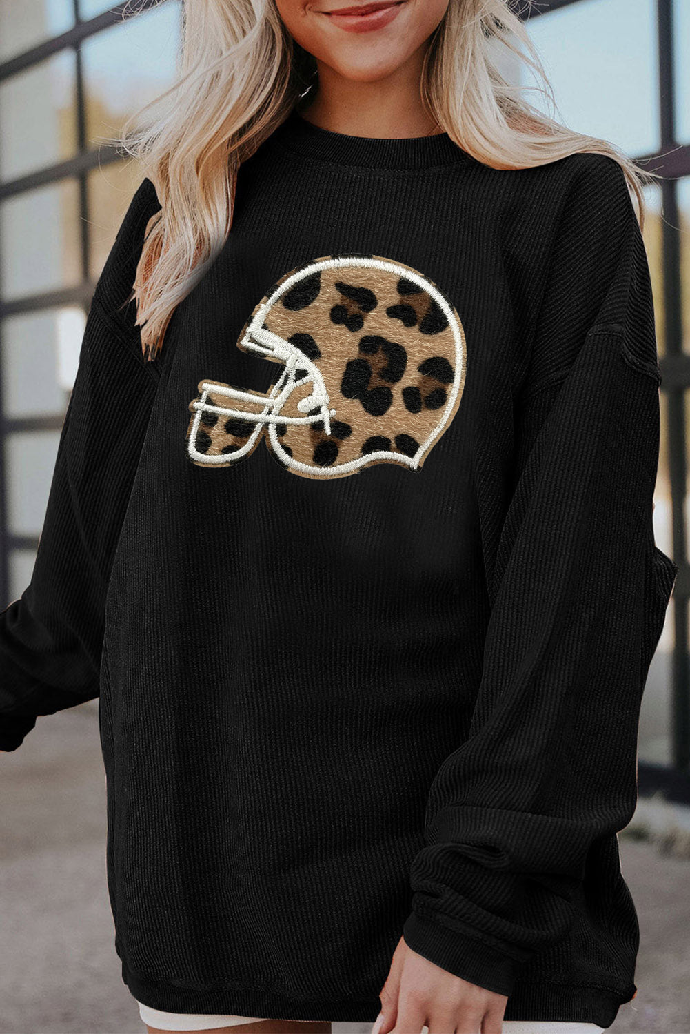 Leopard Baseball Helmet Corduroy Oversized Sweatshirt Pullover