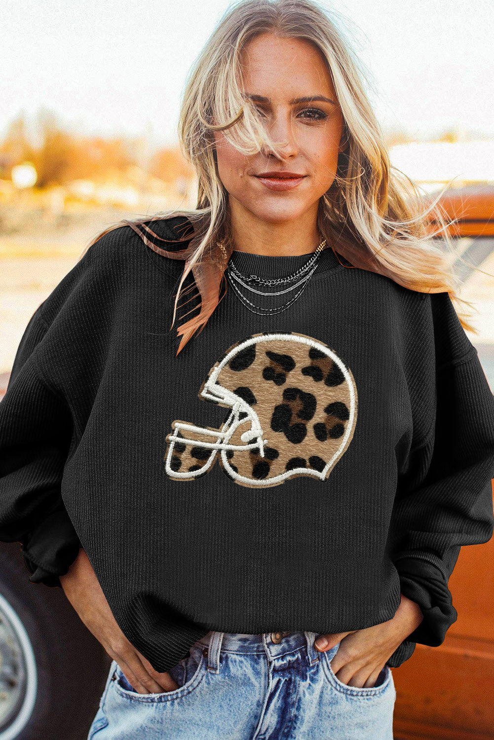 Leopard Baseball Helmet Corduroy Oversized Sweatshirt Pullover
