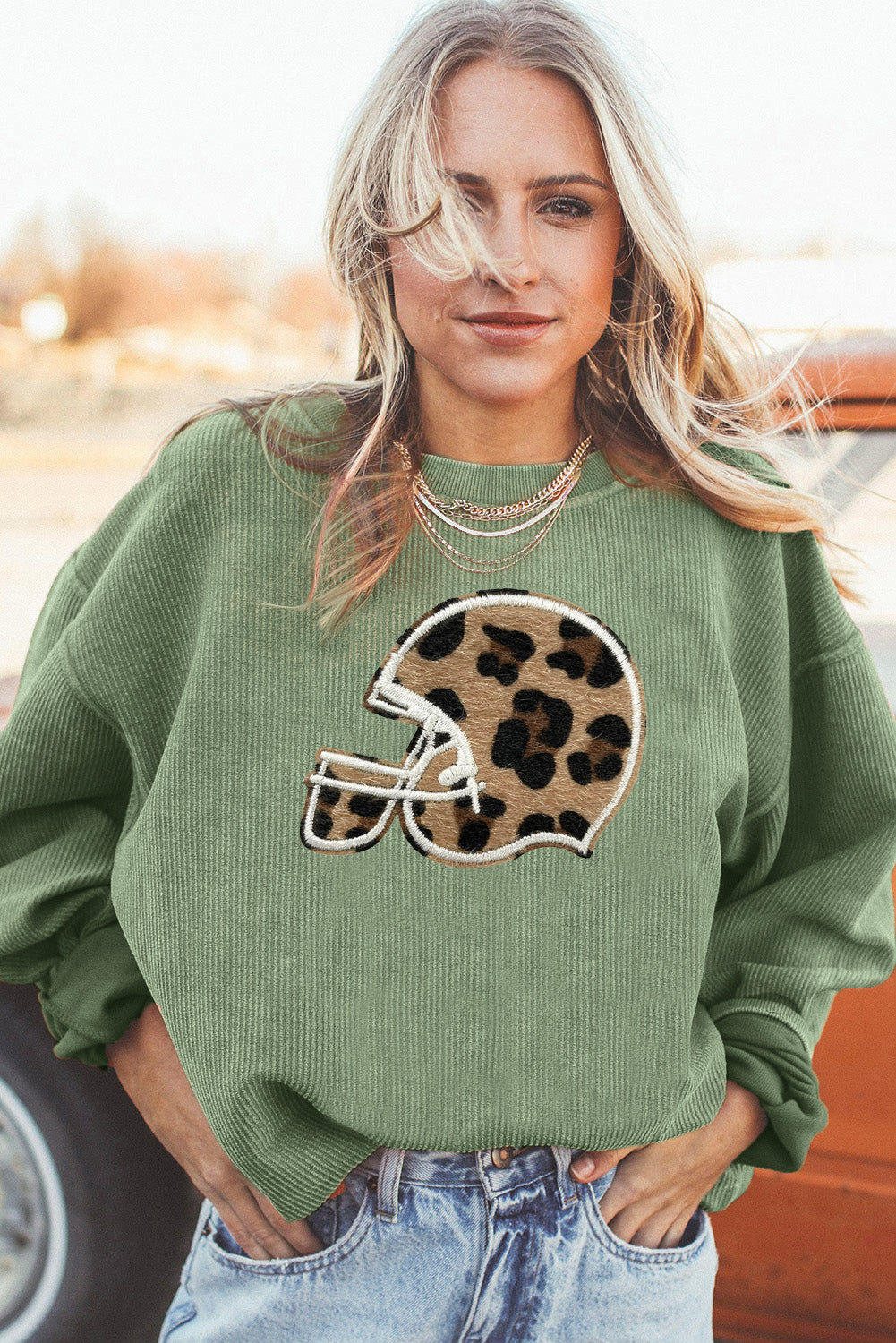 Leopard Baseball Helmet Corduroy Oversized Sweatshirt Pullover