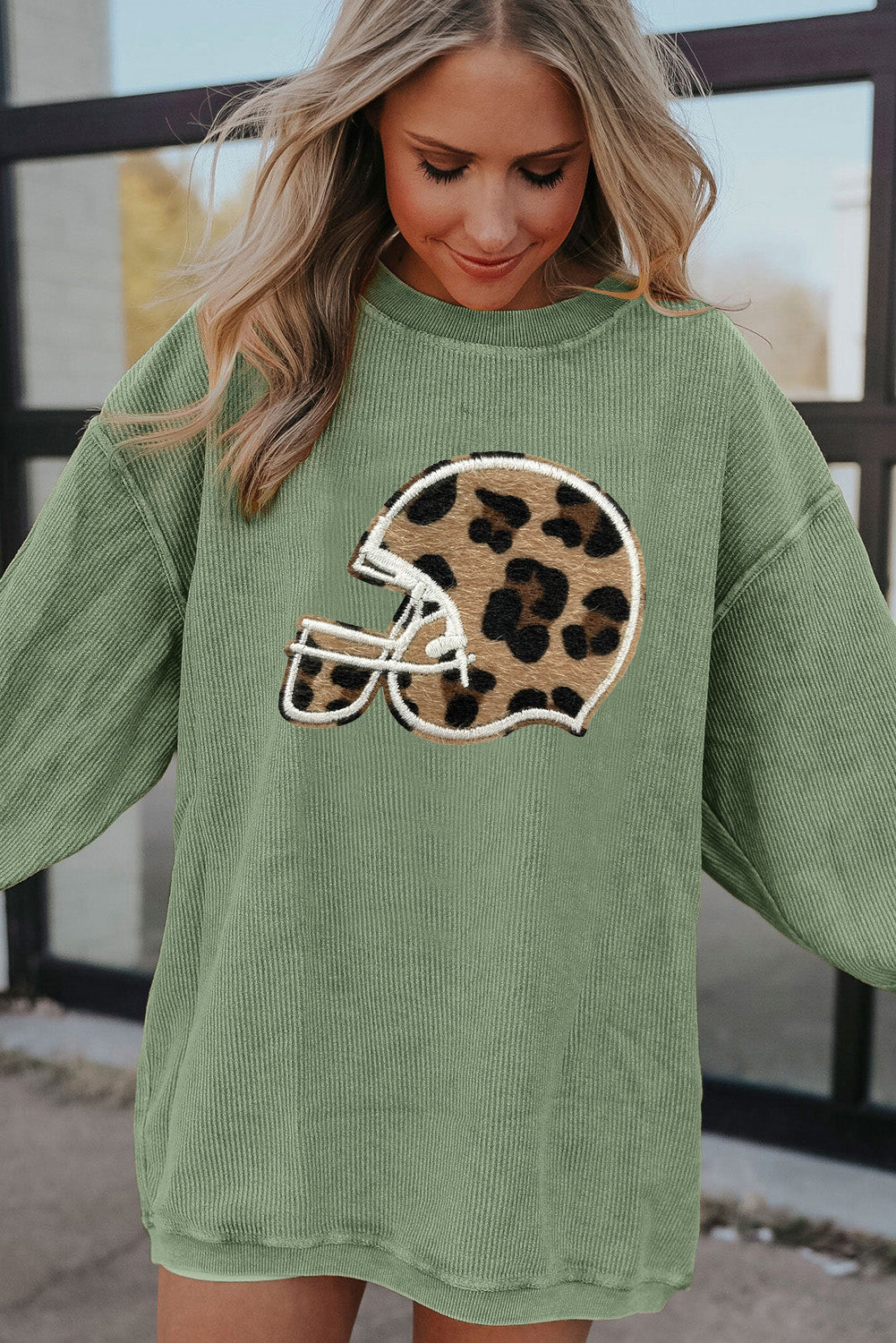 Leopard Baseball Helmet Corduroy Oversized Sweatshirt Pullover