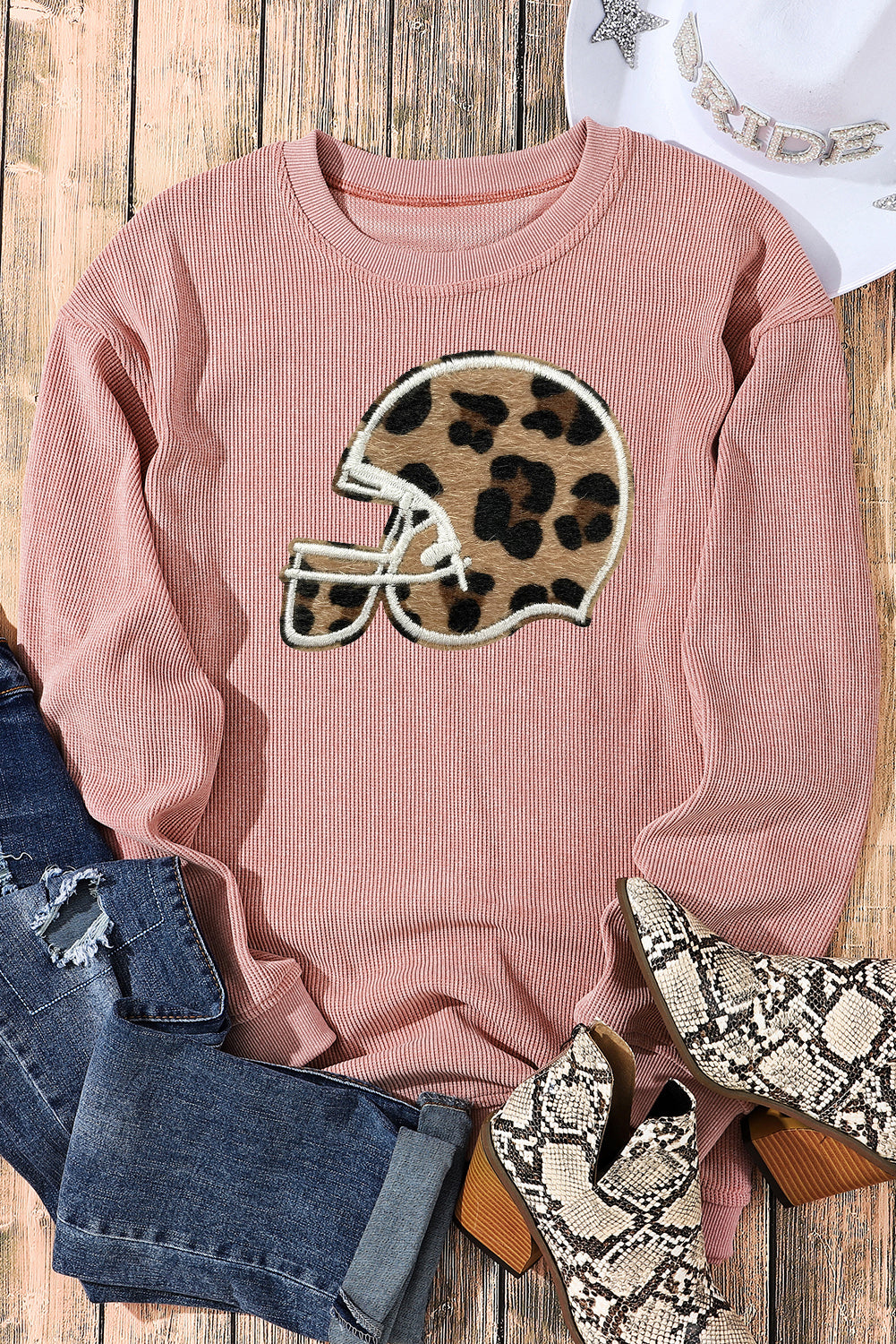 Solid Ribbed Knit Baseball Helmet Graphic Casual Sweatshirt