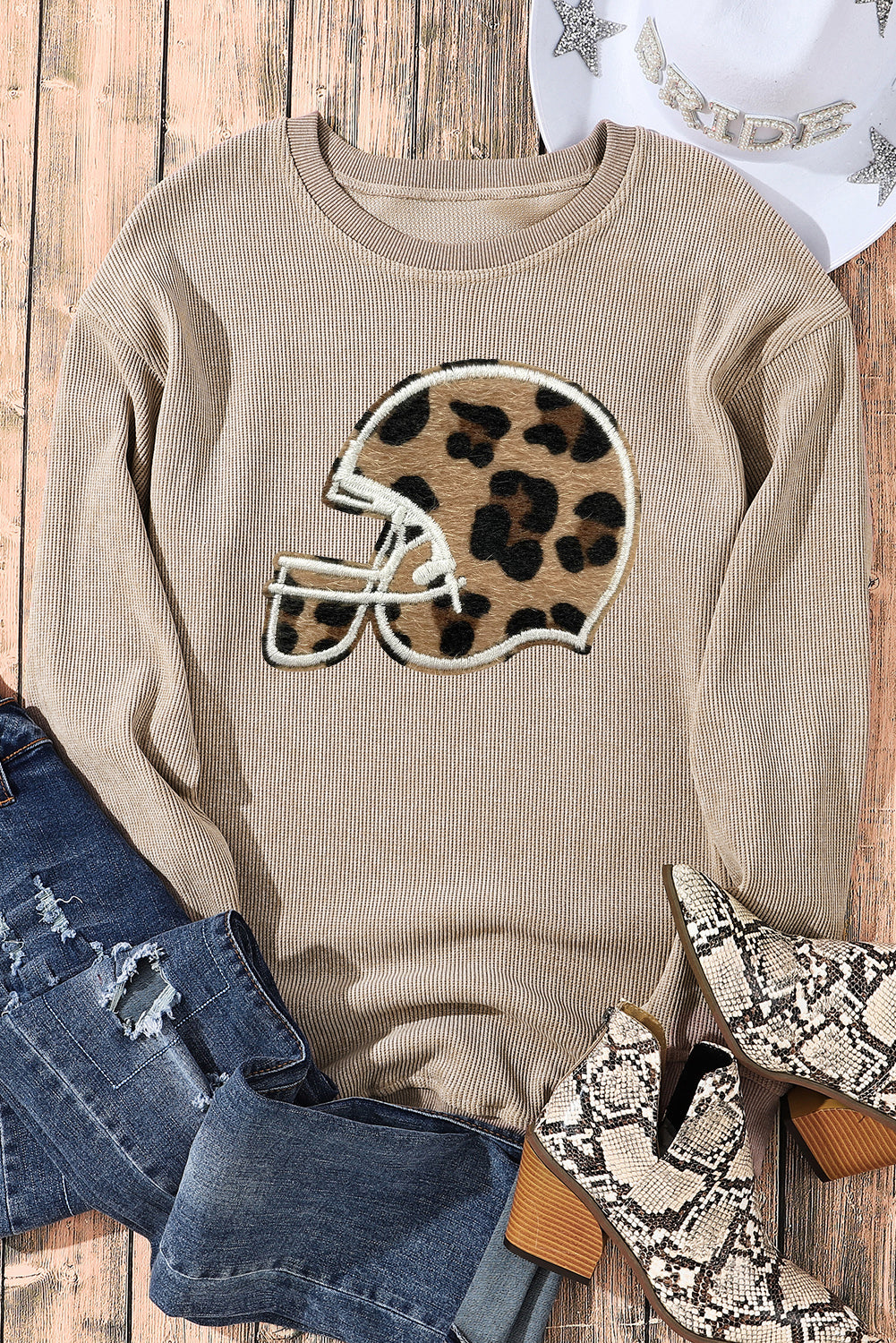 Solid Ribbed Knit Baseball Helmet Graphic Casual Sweatshirt